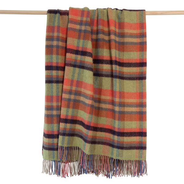 John Hanly Merino Wool Cashmere Throw - Green Coral Rust Check Herringbone