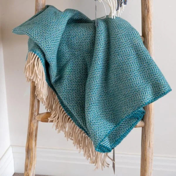 Merino Wool Cashmere Throw Green Aqua Herringbone