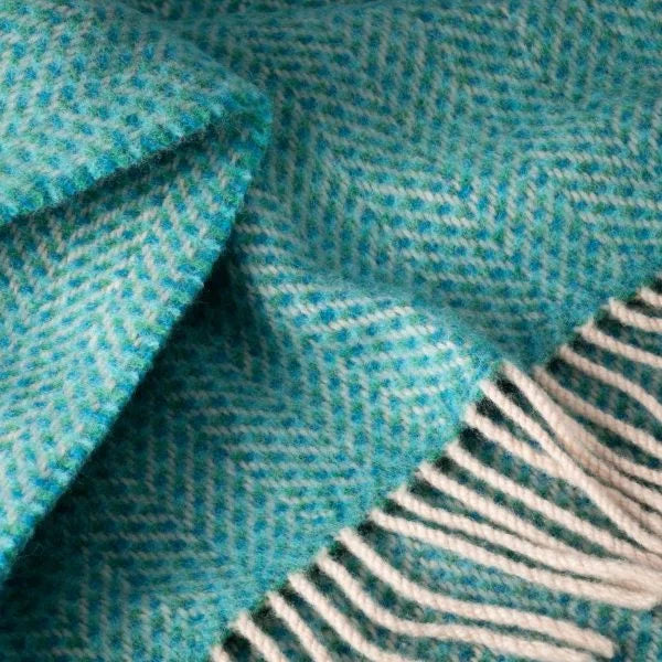 Merino Wool Cashmere Throw Green Aqua Herringbone