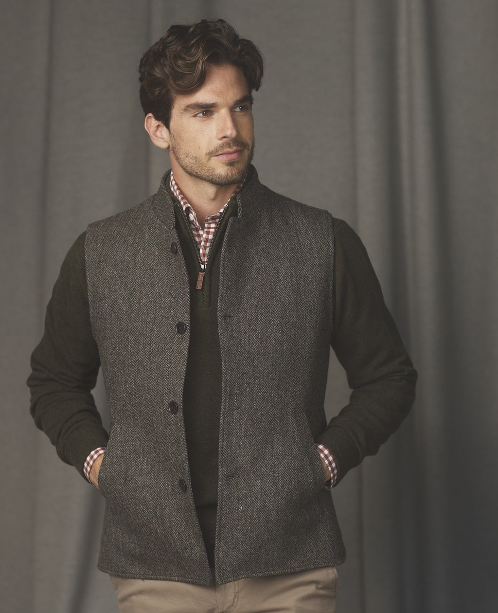 Magee Cavan Donegal Tweed Gilet in Grey Herringbone