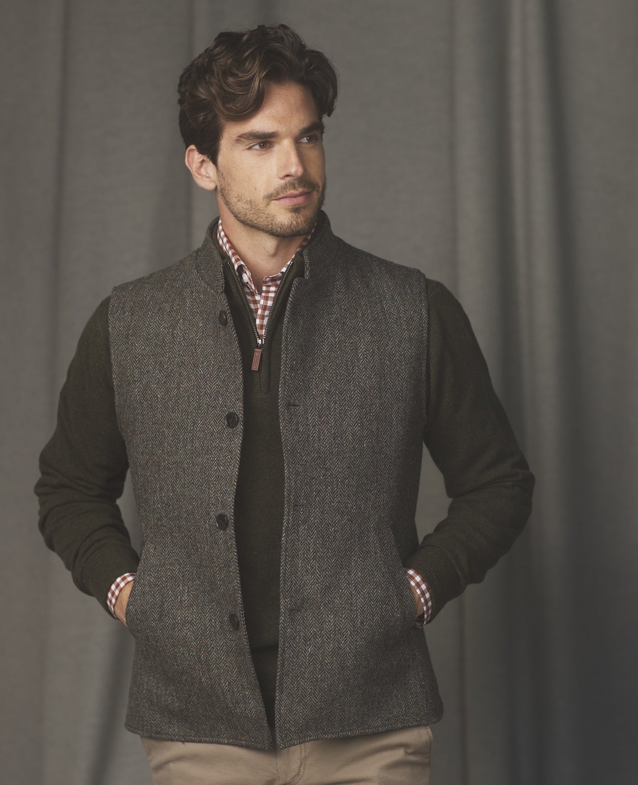 Magee Cavan Donegal Tweed Gilet in Grey Herringbone