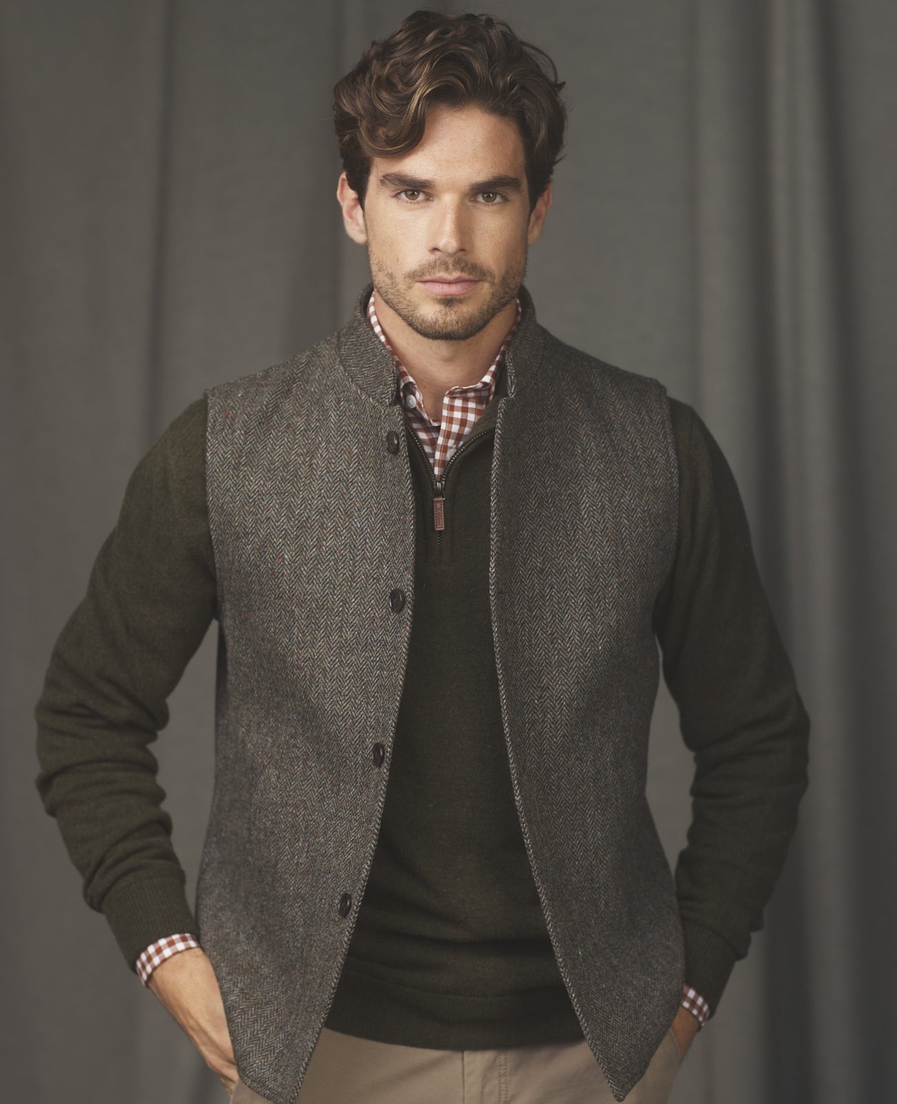 Magee Cavan Donegal Tweed Gilet in Grey Herringbone