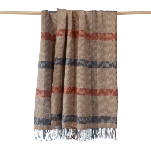 Merino Wool Cashmere Throw Camel Rust Brown Grey Check Herringbone
