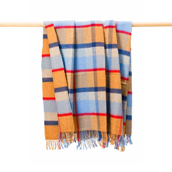 John Hanly Merino Wool Cashmere Throw - Orange, Blue & Red Check