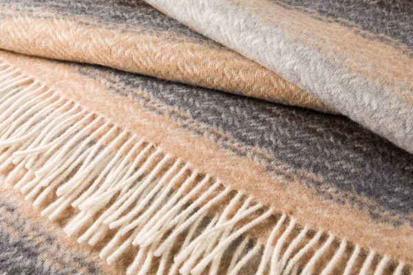 John Hanly Merino Wool Cashmere Throw - Camel, Grey & Brown Twill