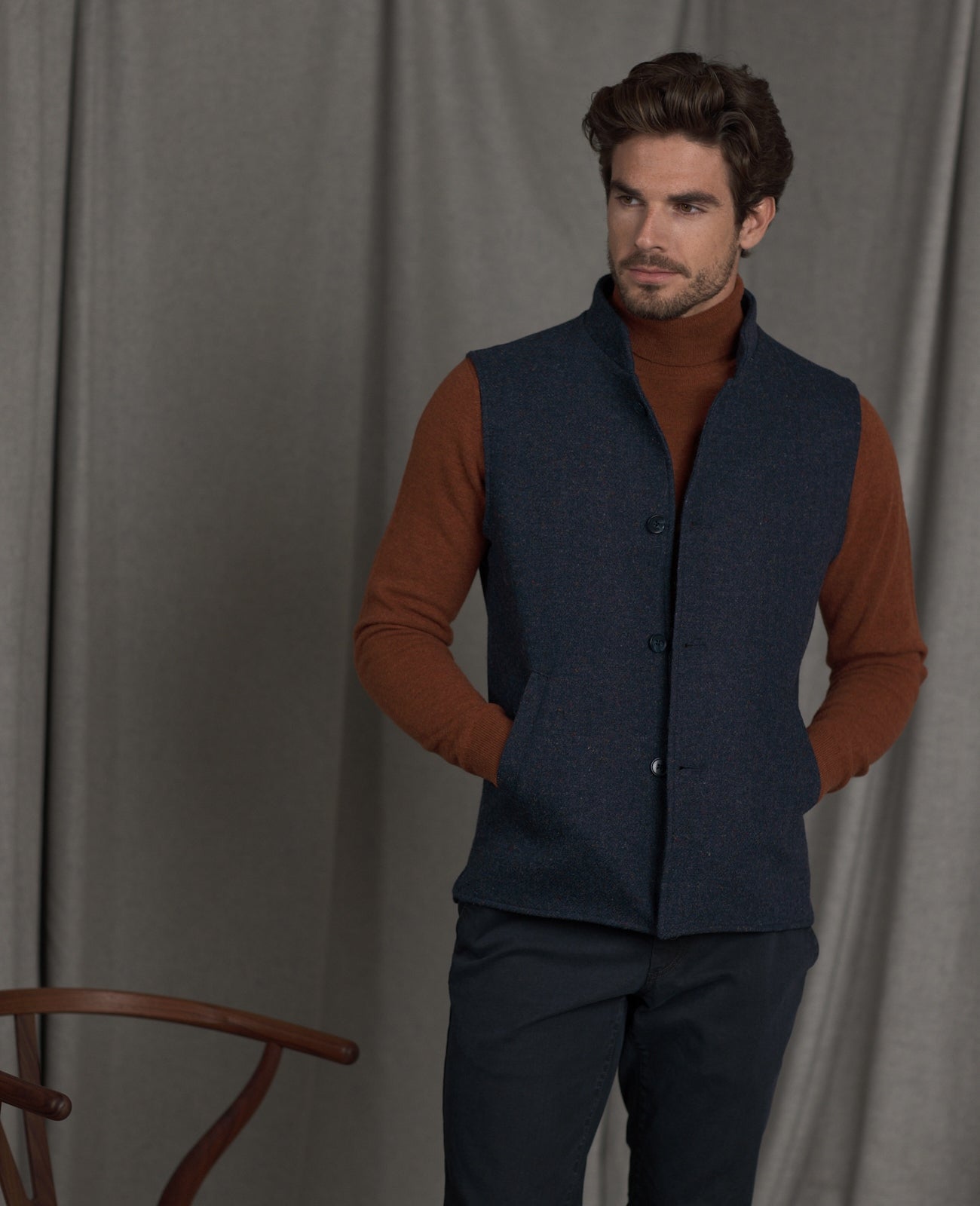 Magee Cavan Donegal Tweed Gilet in Navy Herringbone