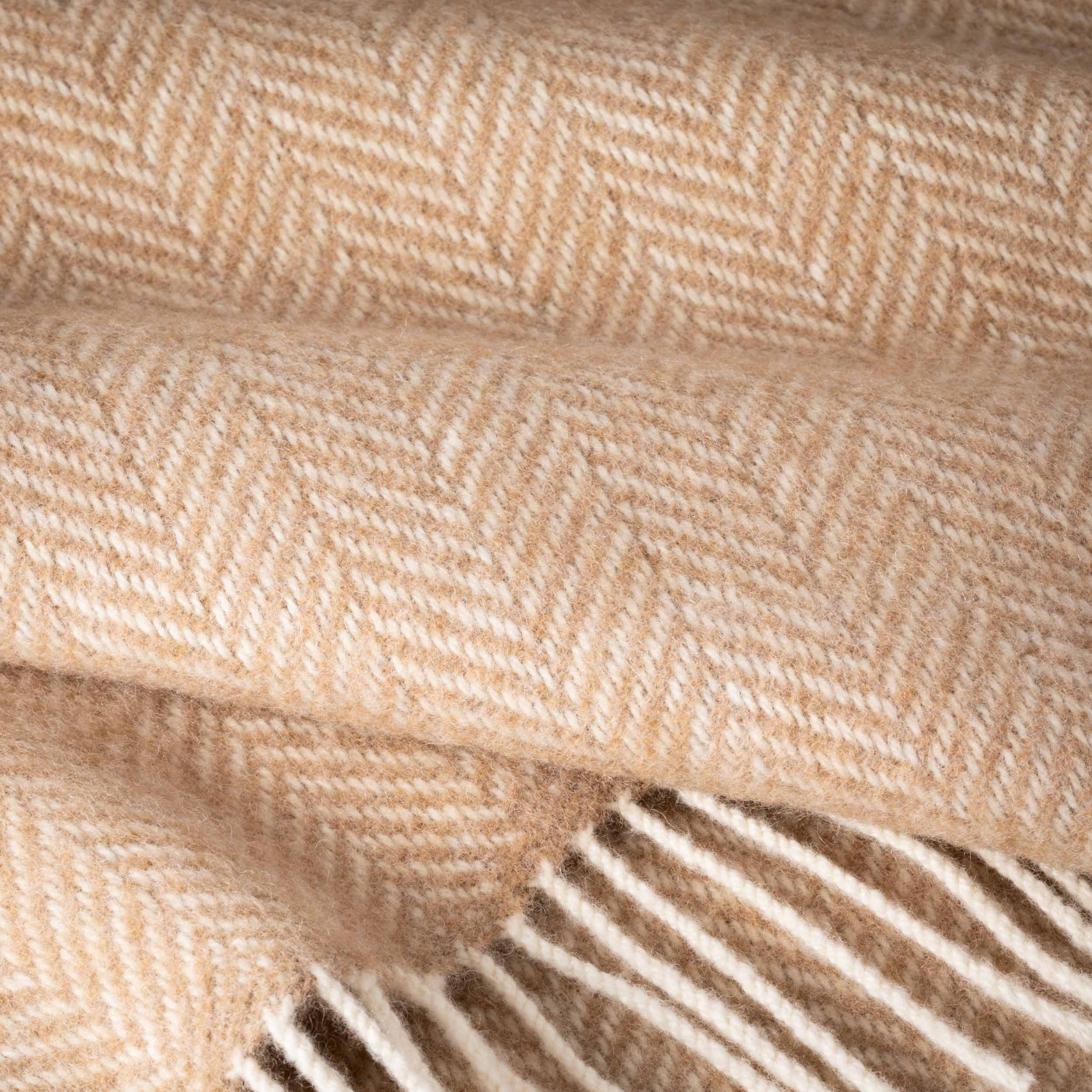 John Hanly Merino Wool Cashmere Throw - Beige Herringbone