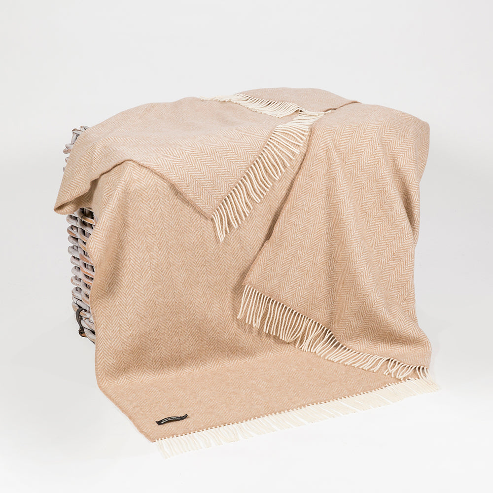 John Hanly Merino Wool Cashmere Throw - Beige Herringbone