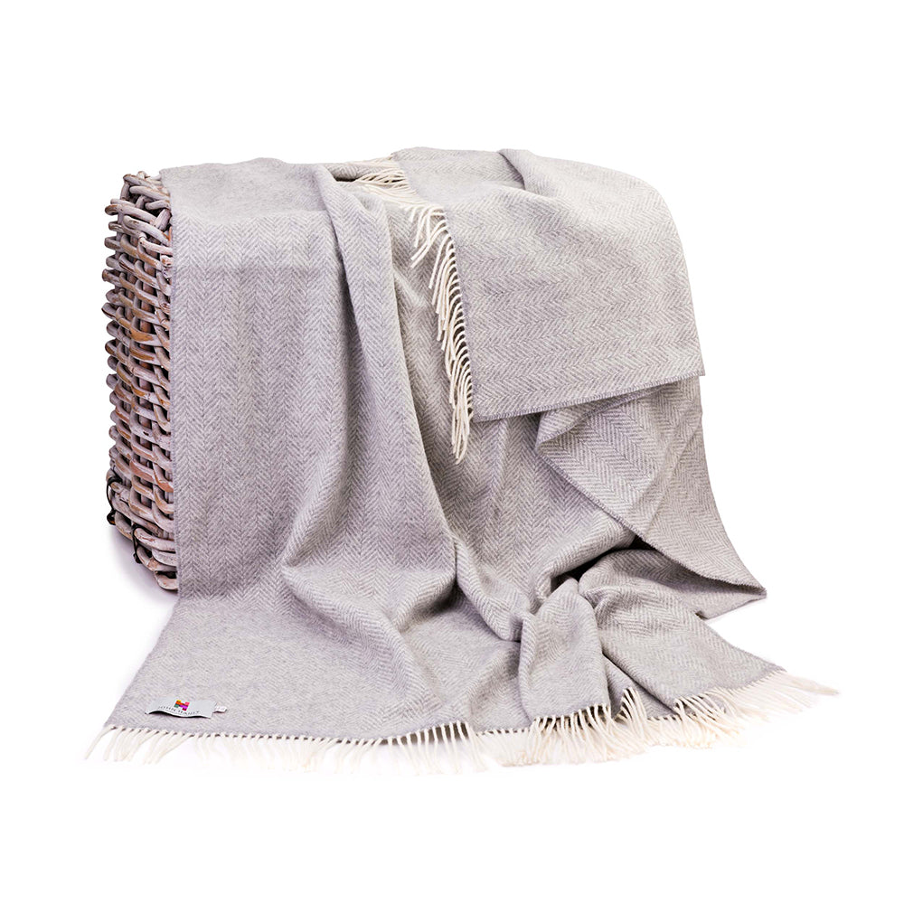 John Hanly Merino Wool Cashmere Throw - Pale Grey & Cream Herringbone