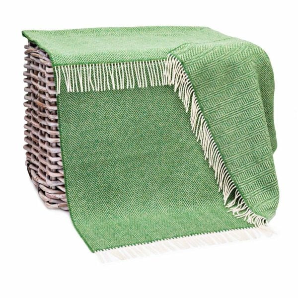John Hanly Merino Wool Cashmere Throw Green Herringbone