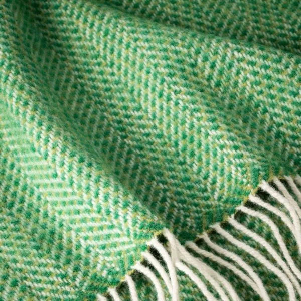 John Hanly Merino Wool Cashmere Throw Green Herringbone