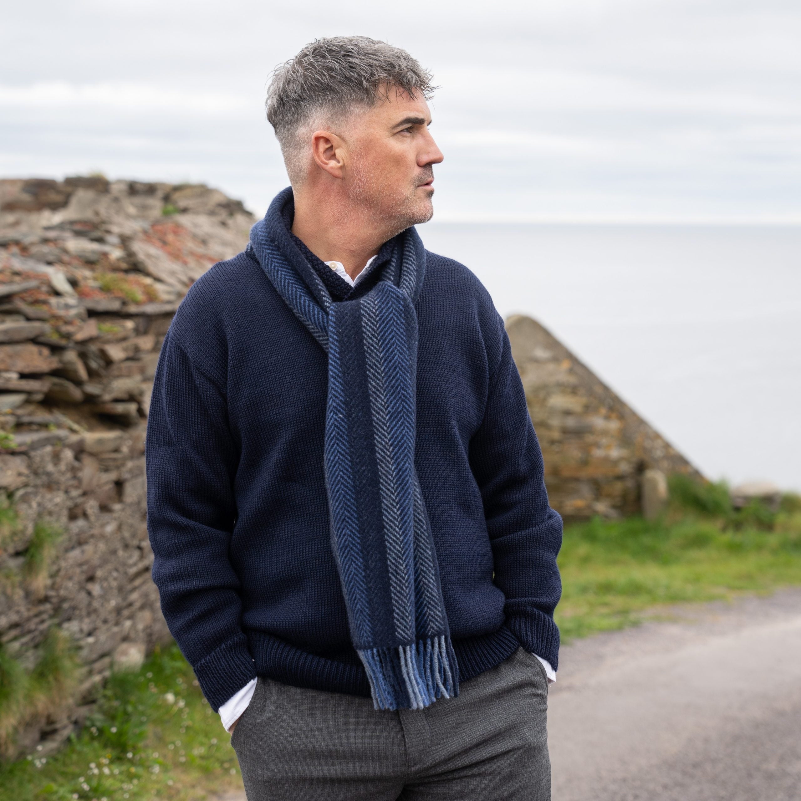 Cashmere Merino Scarf Navy Denim Blue Stripe