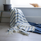 John Hanly  White & Denim Stripe Merino Lambswool Blanket