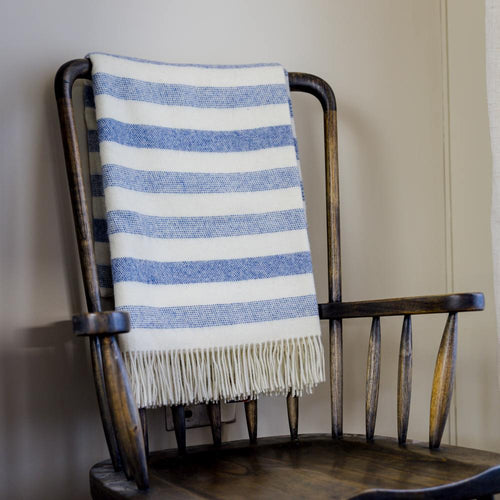 John Hanly  White & Denim Stripe Merino Lambswool Blanket