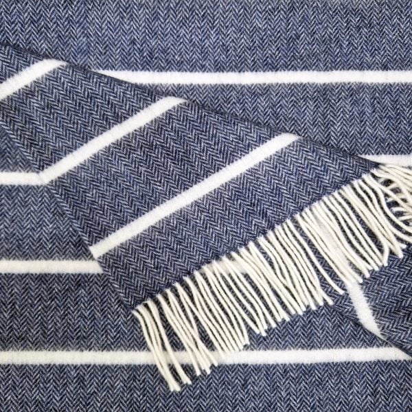 John Hanly Merino Lambswool Blanket - Denim & White