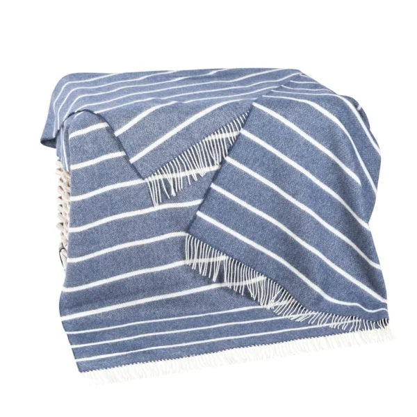 John Hanly Merino Lambswool Blanket - Denim & White