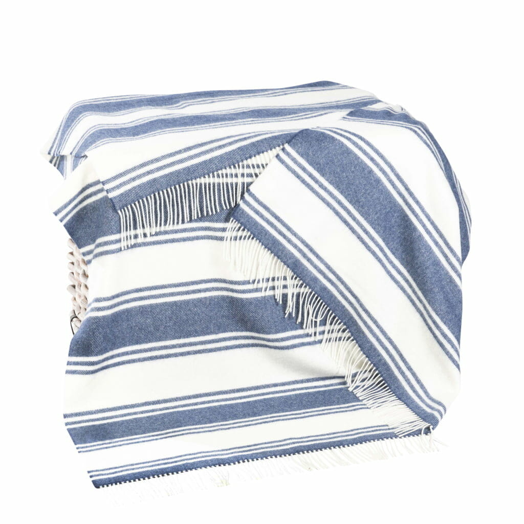 John Hanly Blue & White Stripe Merino Lambswool Blanket