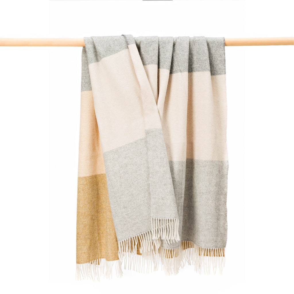 John Hanly Merino Lambswool Blanket - Camel, Beige & Grey Herringbone Stripe