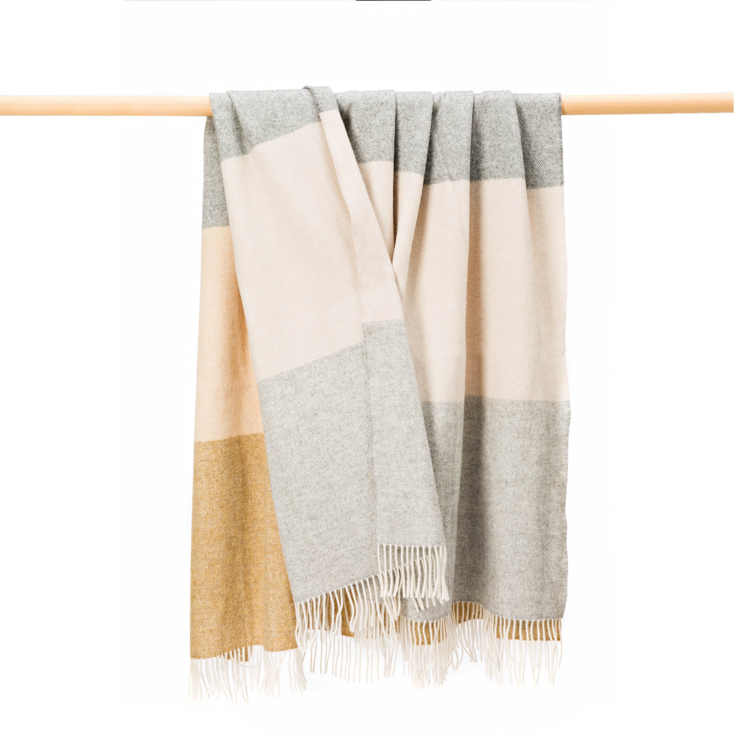 John Hanly Merino Lambswool Blanket - Camel, Beige & Grey Herringbone Stripe