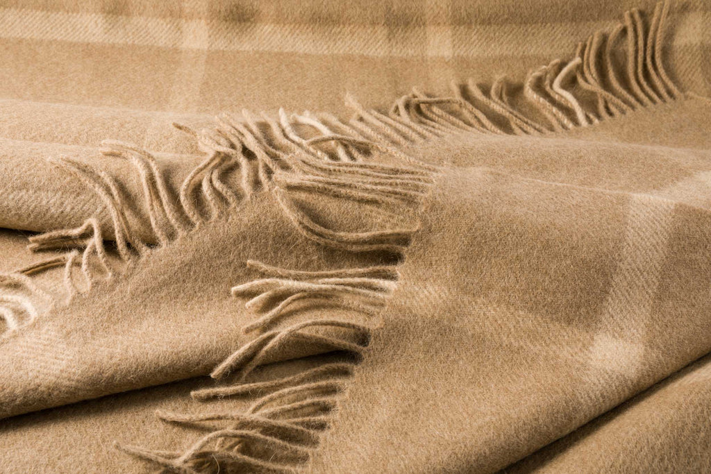 John Hanly Wool Angora Throw - Camel & Cream Windowpane Check