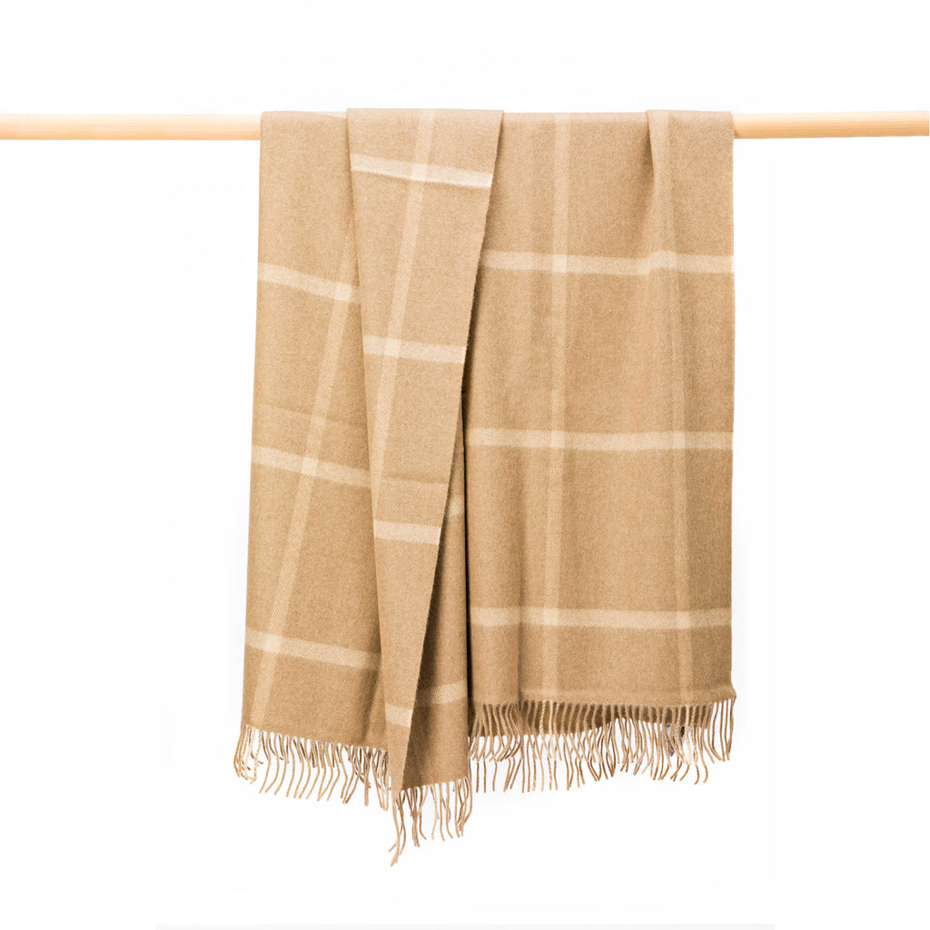 John Hanly Wool Angora Throw - Camel & Cream Windowpane Check