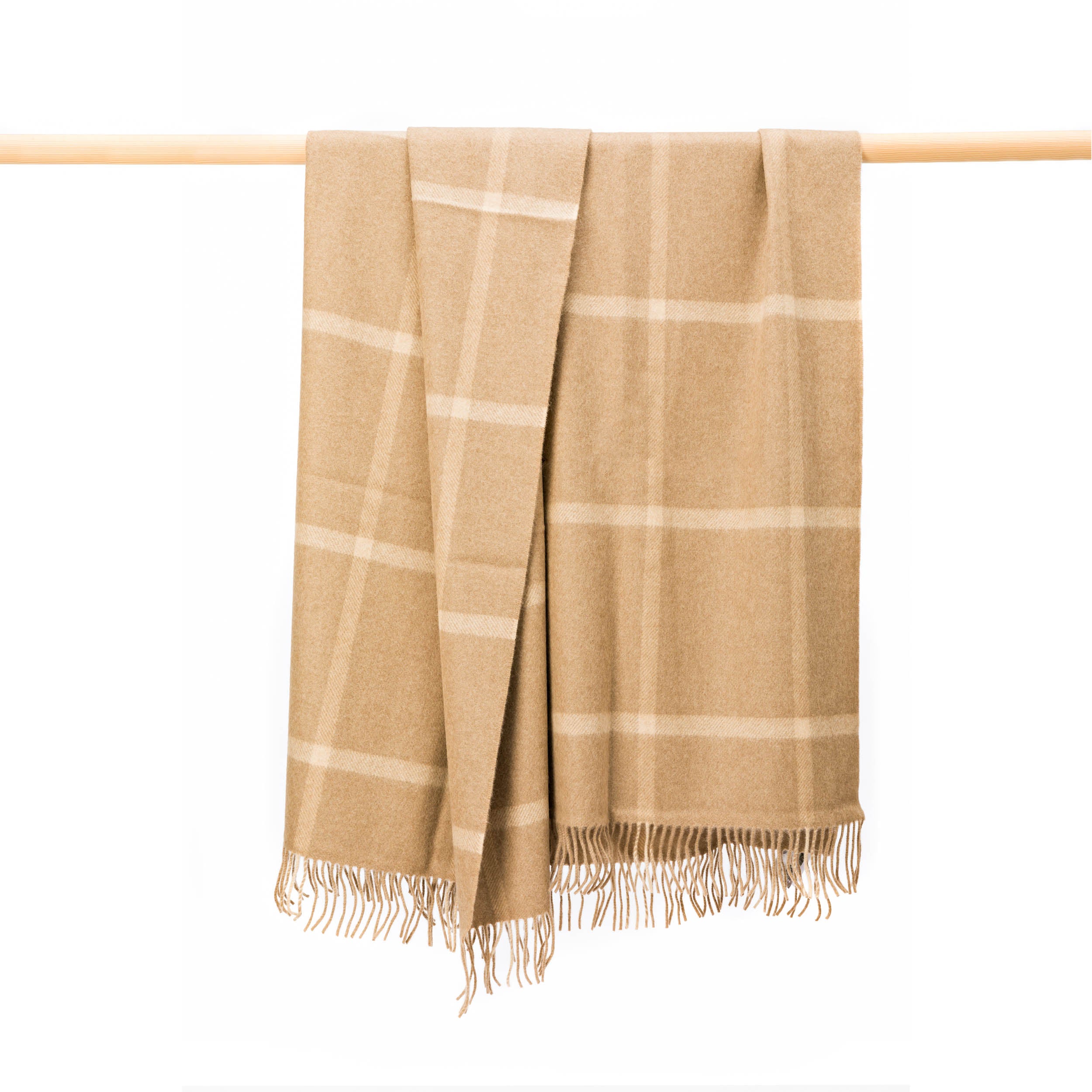John Hanly Wool Angora Throw - Camel & Cream Windowpane Check