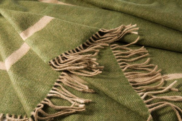 Wool Angora Throw Green Cream Windowpane Check
