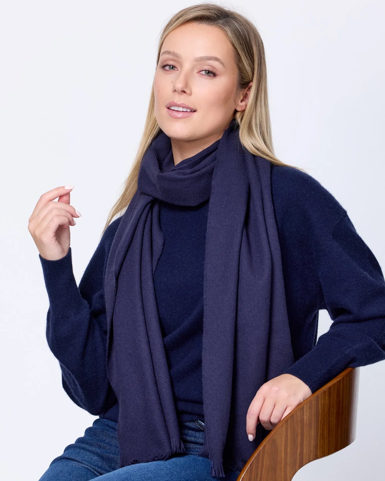 Foxford Solid Navy Fine Wool Cashmere Blend Scarf