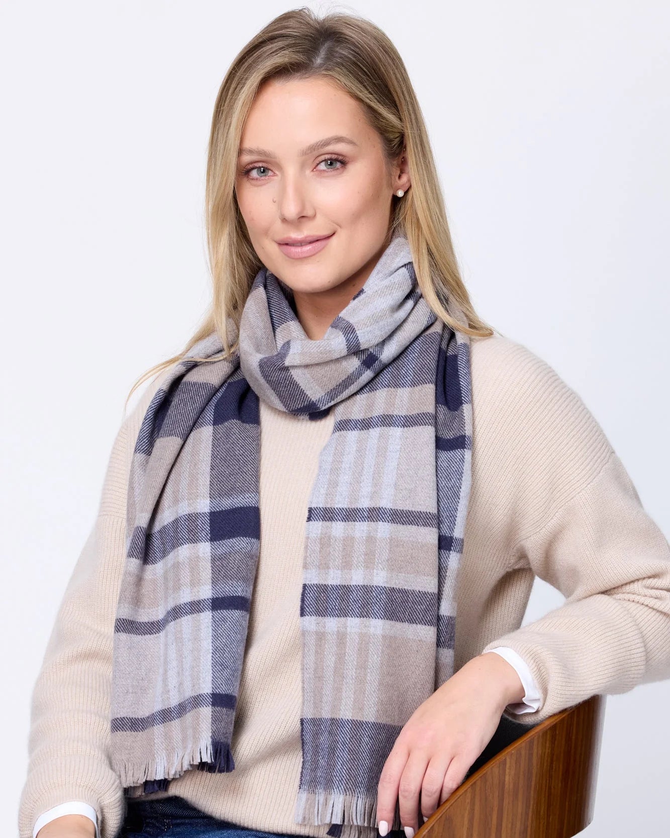 Foxford Navy/Mink Tartan Fine Wool Cashmere Blend Scarf