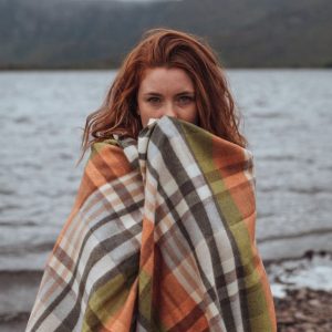 Oversized Merino Scarf White Orange Green Plaid