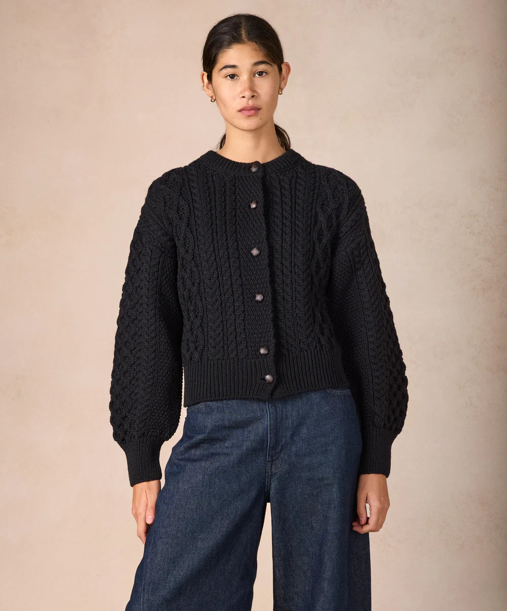 Irelands Eye Clover Cropped Aran Cardigan - Dark Night