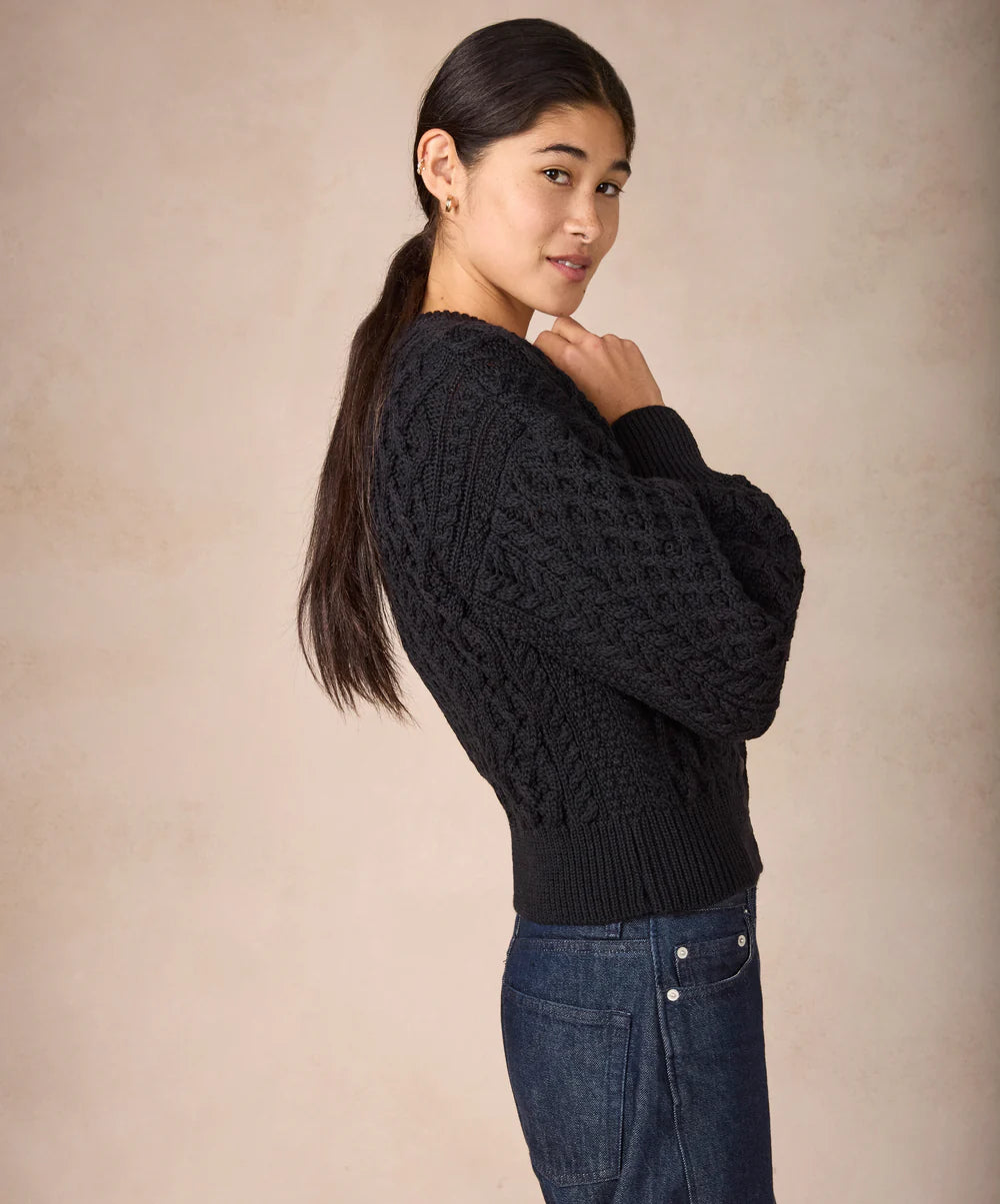 Irelands Eye Clover Cropped Aran Cardigan - Dark Night