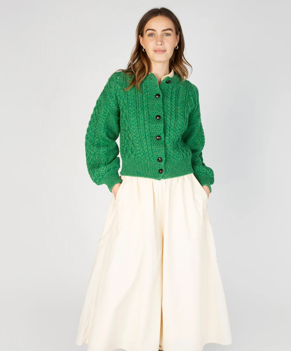 Irelands Eye Clover Cropped Aran Cardigan - Green Marl