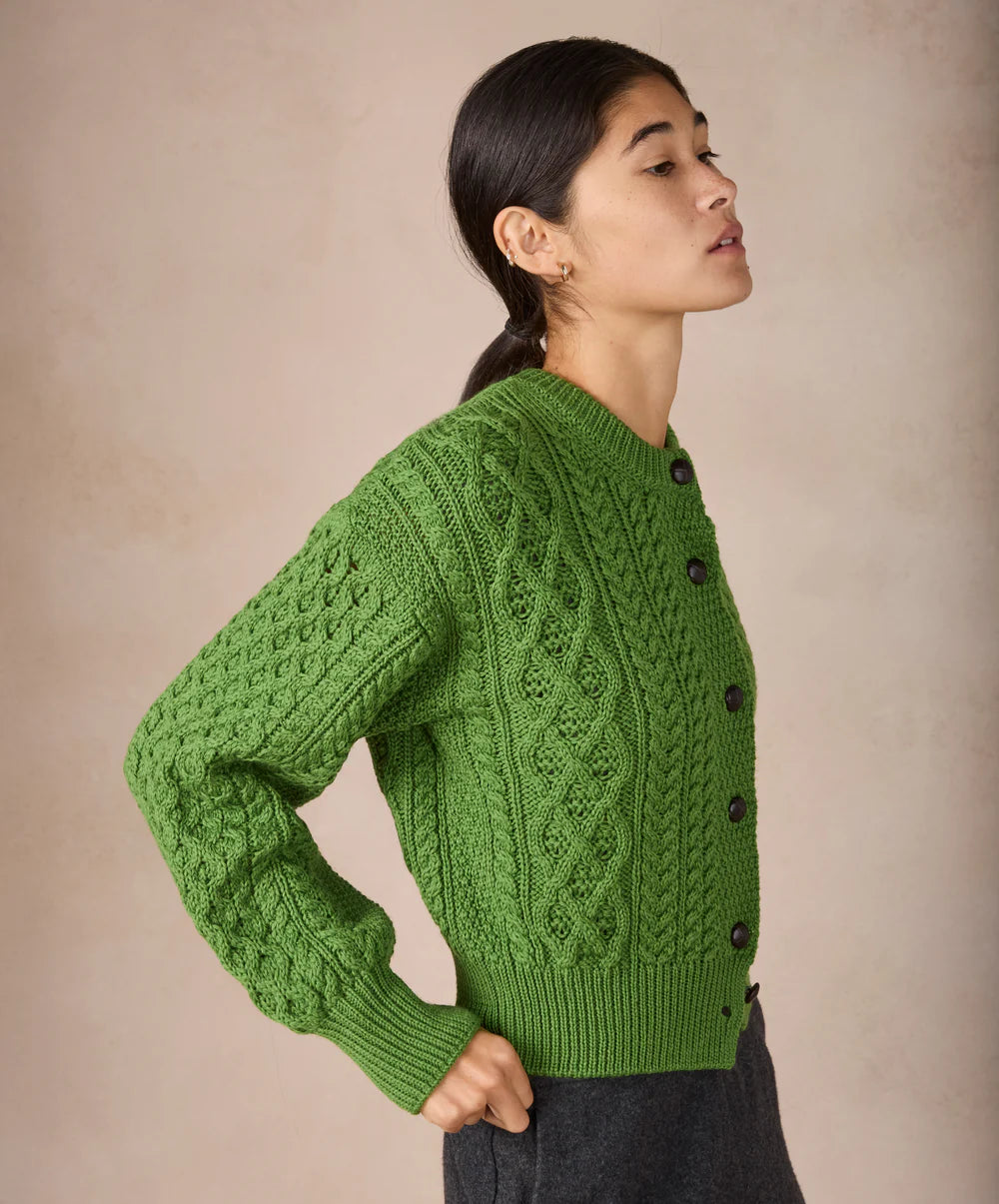 Irelands Eye Clover Cropped Aran Cardigan - Moss