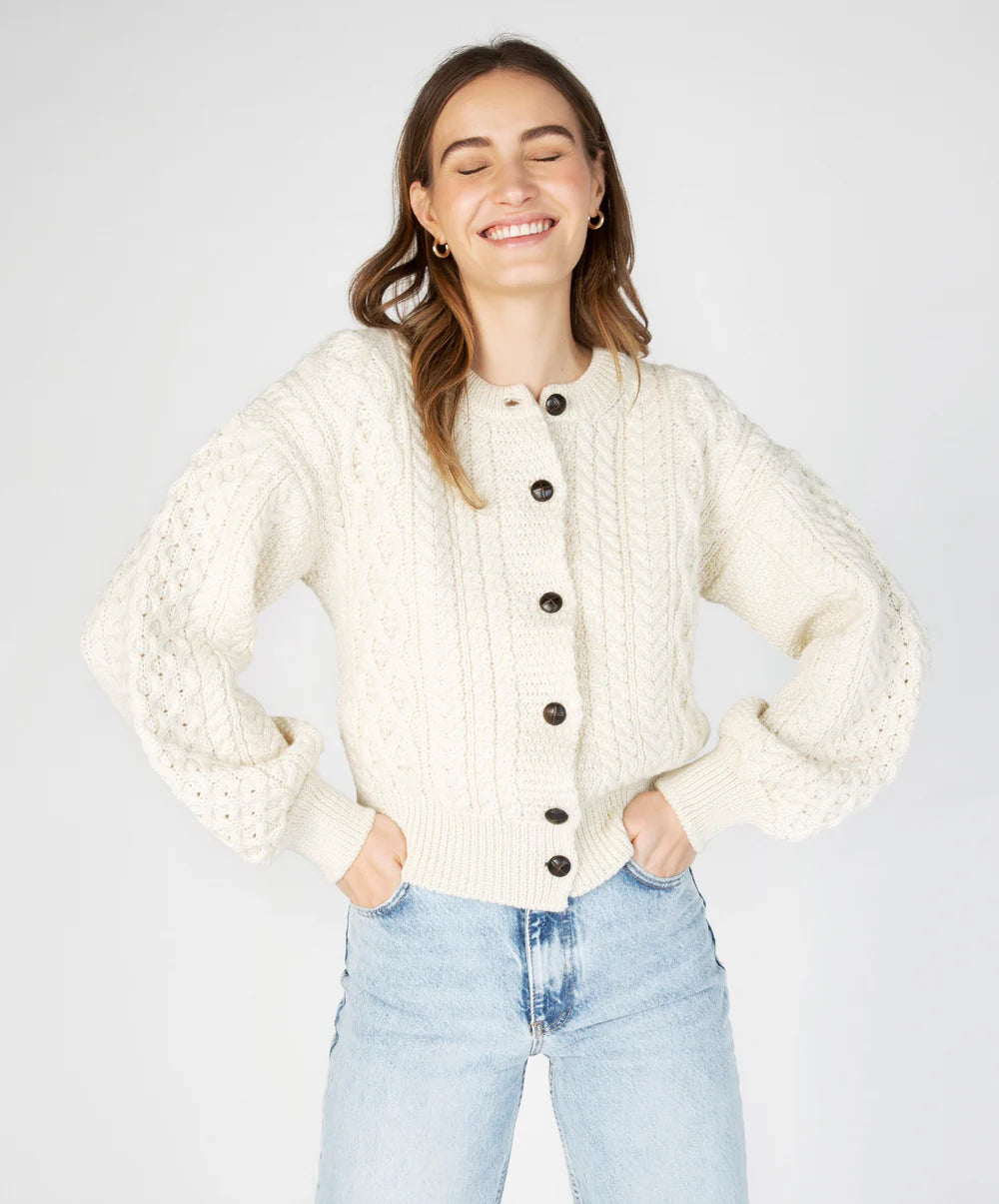Irelands Eye Clover Cropped Aran Cardigan - Natural