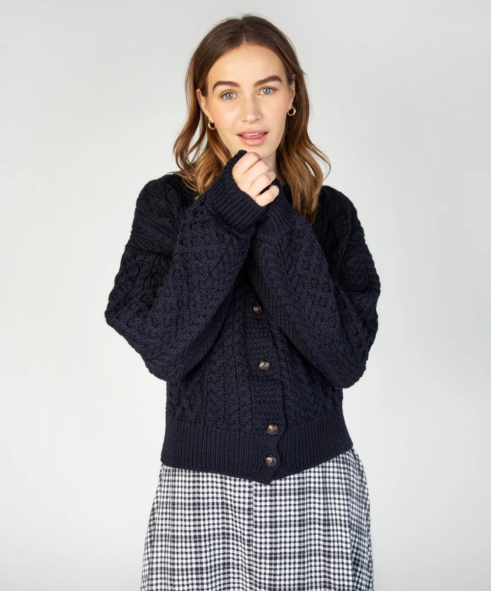 Irelands Eye Clover Cropped Aran Cardigan - Navy