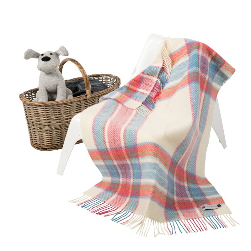 John Hanly Merino and Cashmere Baby Blanket - Pink & Blue Check