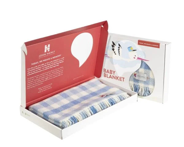 Irish Cashmere Baby Blanket Blue Block Check In A Presentation Box.