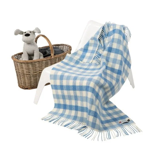 Irish Cashmere Baby Blanket Blue Block Check In A Presentation Box.