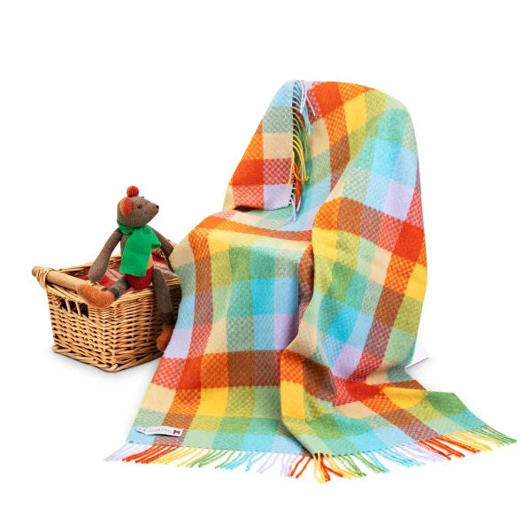 Irish Lambswool Baby Blanket Multicolour Block Check Basket Weave