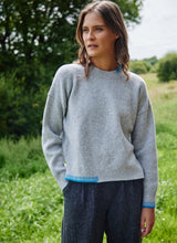 Load image into Gallery viewer, Fisherman Out of Ireland Blanket Stitch Crewneck Sweater Cloud/Indigo