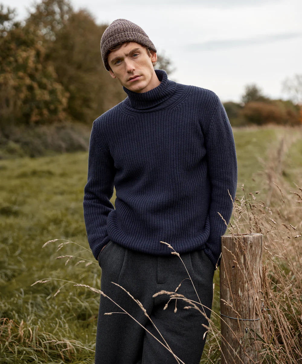 Irelands Eye Fishermans Rib Polo Neck - Navy