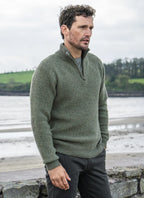 Fisherman Out of Ireland Lambswool Seed Stitch Zip Sweater, Field