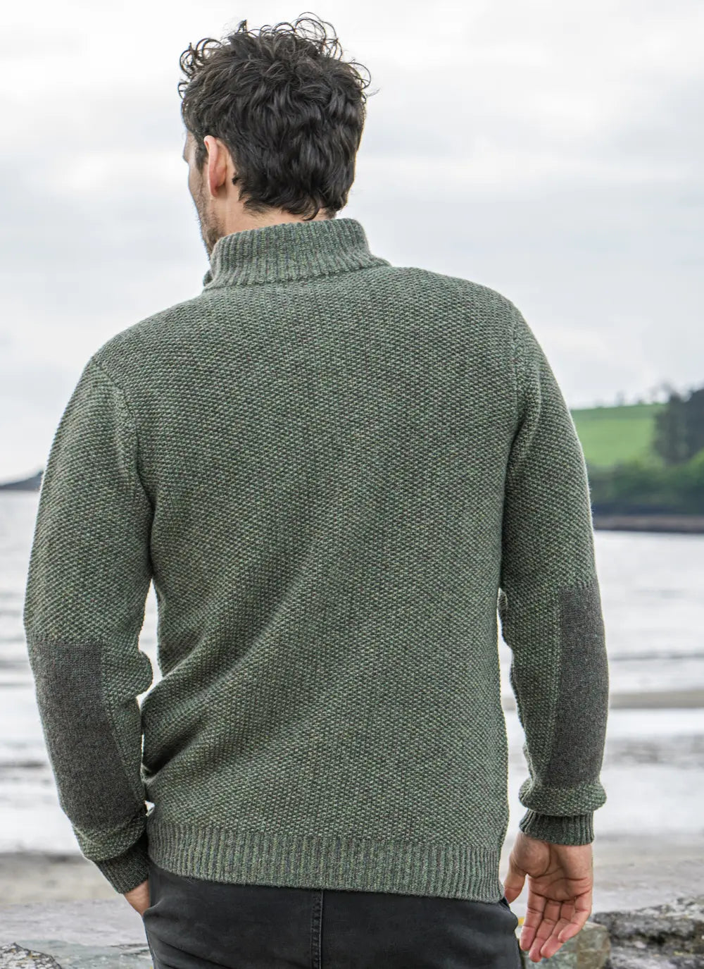 Fisherman Out of Ireland Lambswool Seed Stitch Zip Sweater, Field
