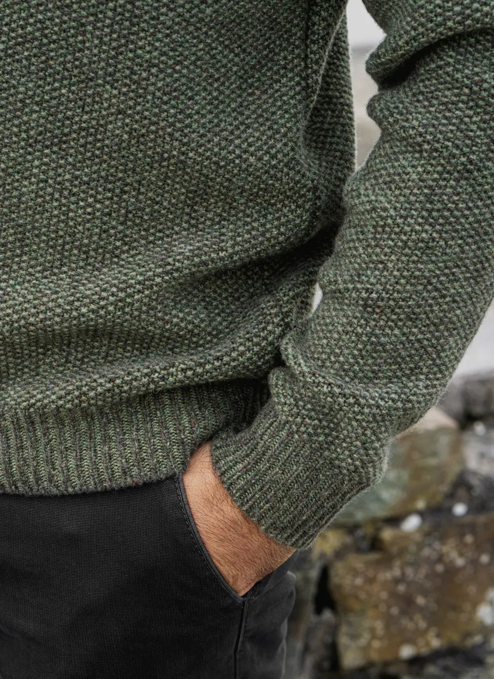 Fisherman Out of Ireland Lambswool Seed Stitch Zip Sweater, Field