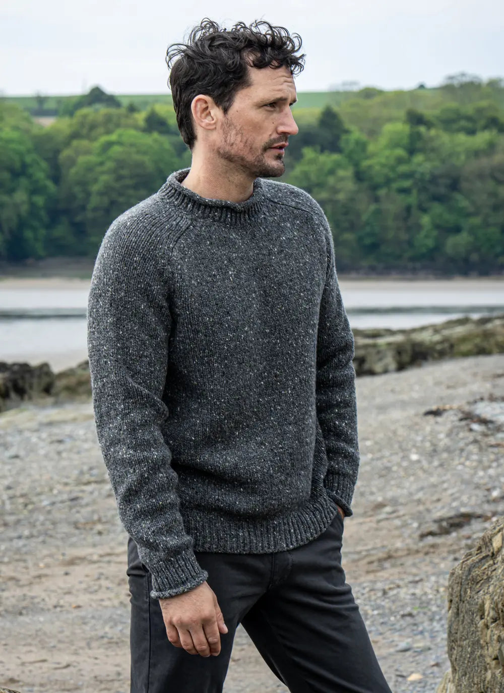 Fisherman Out of Ireland Donegal Fleck Saddle Shoulder Sweater, Steel Wool