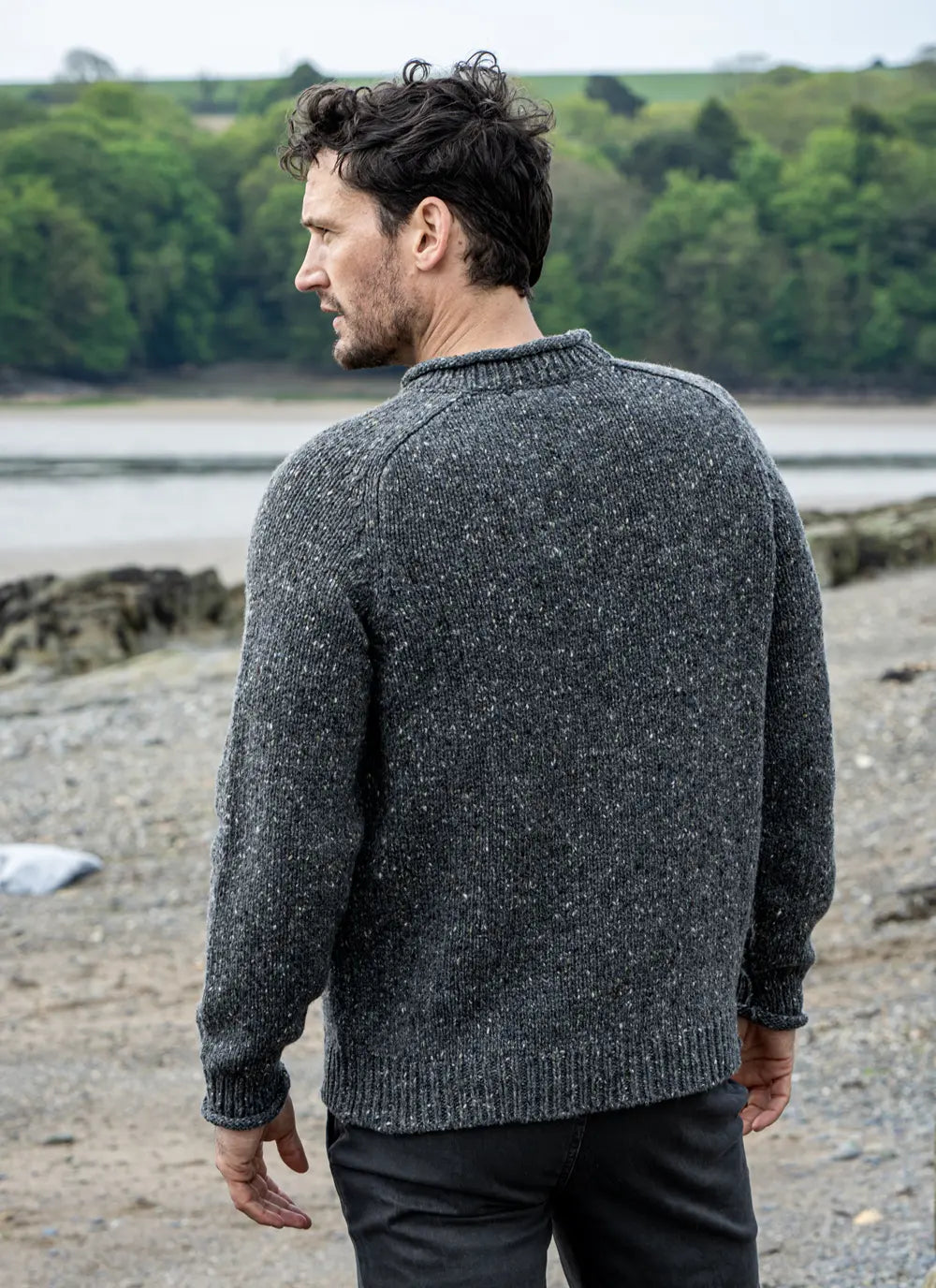 Fisherman Out of Ireland Donegal Fleck Saddle Shoulder Sweater, Steel Wool