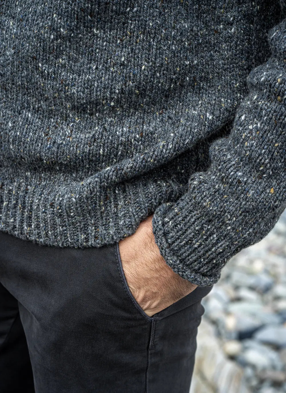 Fisherman Out of Ireland Donegal Fleck Saddle Shoulder Sweater, Steel Wool