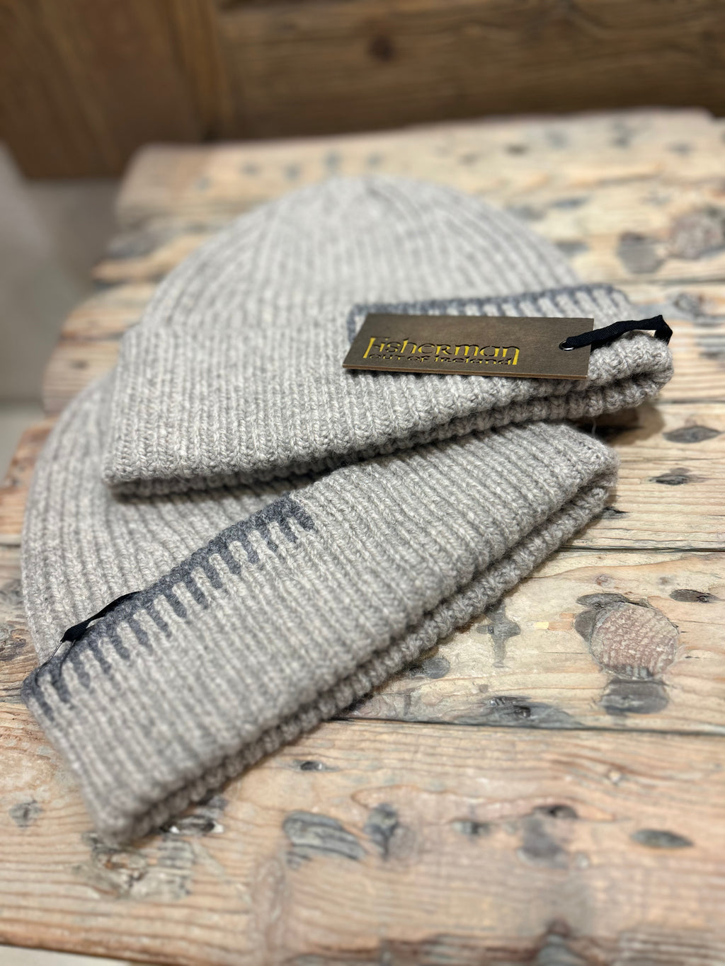 Fisherman Out of Ireland Blanket Stitch Beanie - Porridge/Grey