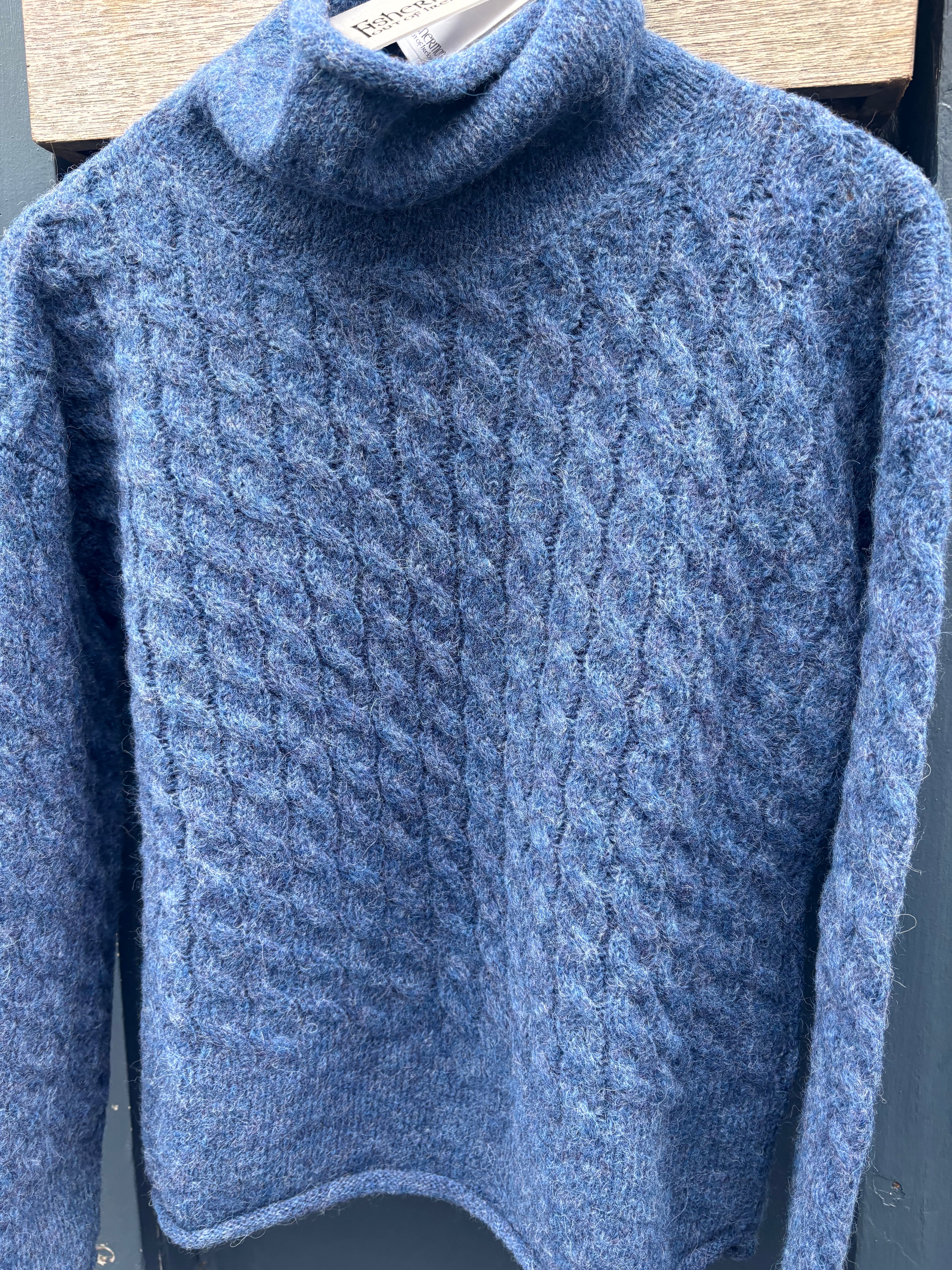 Fisherman Out of Ireland Cabled Funnel Neck with Jersey Stitch Denim